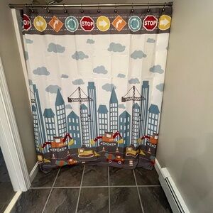 Shower curtain, basketball hoop, pirate tiles